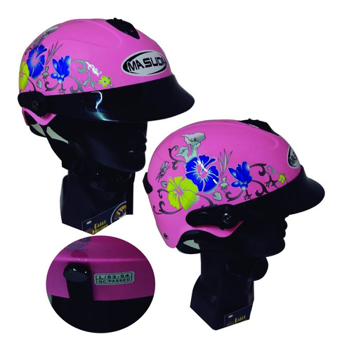 Casco Dama Tipo Cachucha Chopper Rosa Flores Talla L Moto