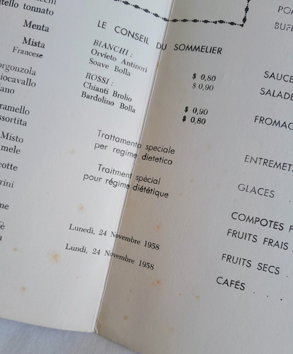Antiguo Menu Barco Genova Vellani Marchi 1958 (Usado)