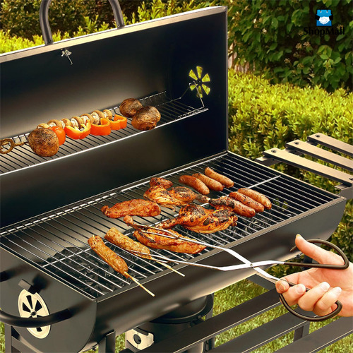 Asador Tipo Barril De Carbón Con Gran Área De Cocción Móvil Color Negro