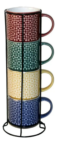 Tazas De Cerámica Apilables Multicolor 4pz 414 Ml C/base Color Verde De Tazas