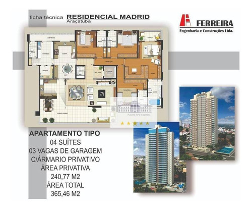 Imagem 16 de 17 de Alto Padrão - Apartamento Com 4 Dormitórios À Venda, 240 M² Por R$ 1.100.000 - Vila Santa Maria - Araçatuba/sp - Ap1044
