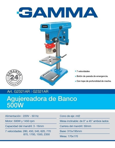 Taladro Perforadora De Banco Gamma 16mm 500w 9 Velocidades