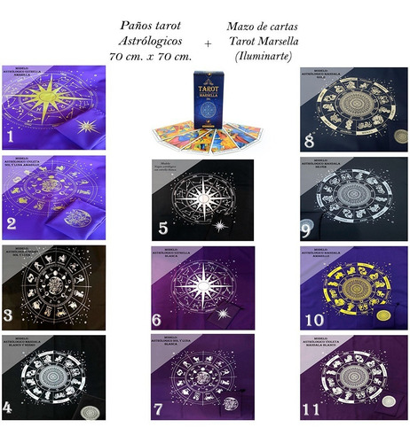 Imagen 4 de 10 de Cartas Tarot Marsella + Paño Tirada 70cm.x70cm.c/bolsa