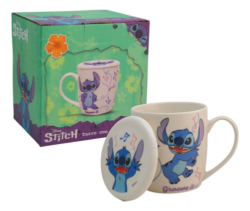 Taza De Porcelana Con Tapa Diseño Personajes Animados 385ml Color Blanco Stitch