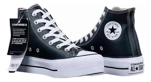 Botas Compatible Converse Plataforma Negro De Cuero Dama