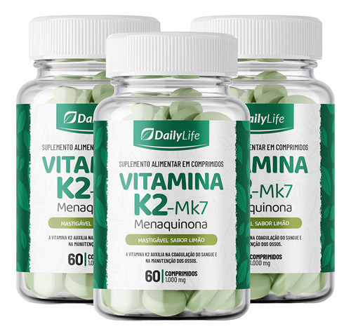 Kit 3x Vitamina K2 Mk7 Menaquinona 60 Comprimidos 120ug