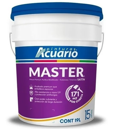 Imagen 1 de 4 de Pintura Premium Acrílica Master Acuario 19 Lts Color Blanco