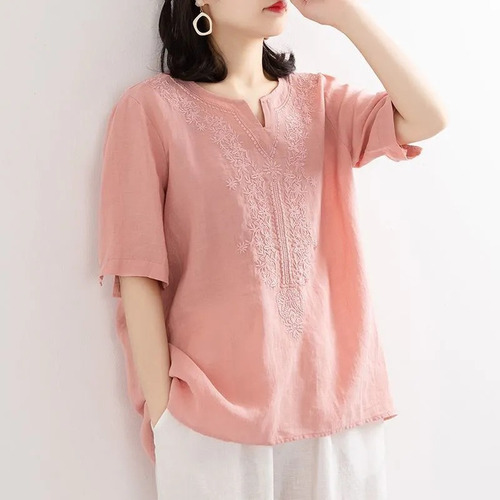 Blusa De Lino Y Algodón Con Cuello En V Para Mujer, Elegante