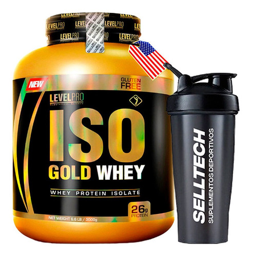 Level Pro Proteína Iso Gold Whey 6.6 Lbs Strawberry + Shaker
