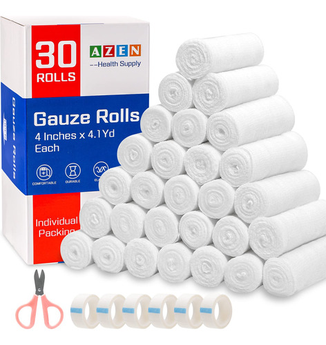 Azen Paquete De 30 Rollos De Gasa, 4 Pulgadas X 4.1 Yardas,