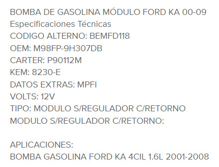 Bomba De Gasolina Lancer, Ford Ka 1.6lts (2001-2003)
