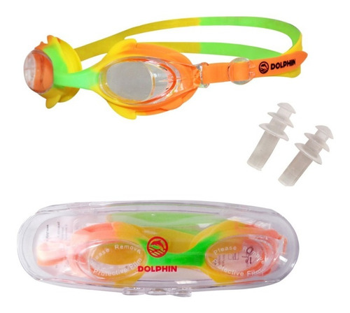 Antiparras Lentes Natación Estuche Tapones Niños Dolphin Color amarillo-verde-naranja