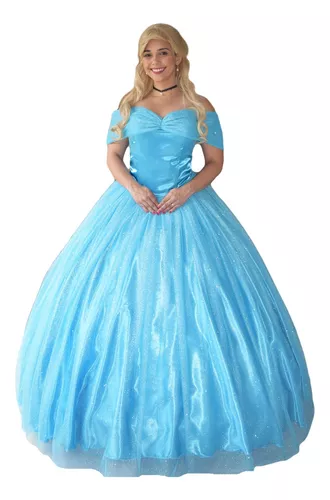 Fantasia Vestido Festa Azul Princesa Cinderela Rodado Longo
