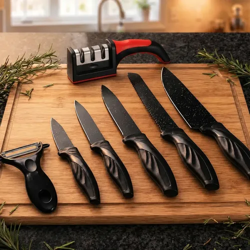 Kit Jogo De Facas 7 Peças Cozinha Aço Inox Corte Afiado Amolador Churrasco Sólar
