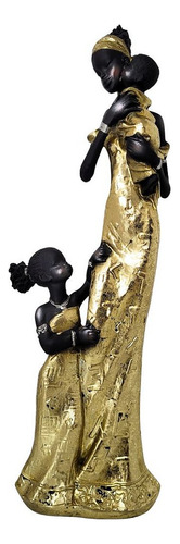 Estatueta Decorativa Mãe Africana E Filhos Dourado Luxo 28cm