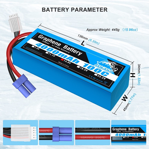 Yowoo 2 Paquetes 4s 14.8v 4000mah 100c Batería De Grafeno