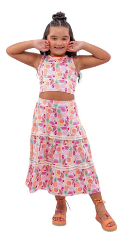 Conjunto Infantil Menina Verão Saia Midi Croped Blogueirinha