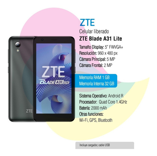 Imagen 2 de 9 de Celular Zte Blade A31 Negro 1gb Ram 32gb Rom