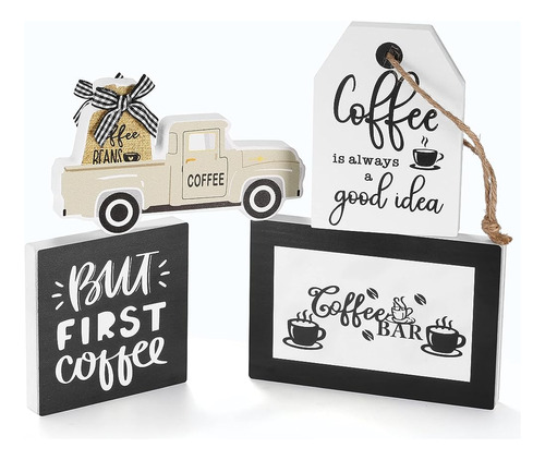 4 Pcs Farmhouse Coffee Bar Decor Signs- Coffee Signs For Cof