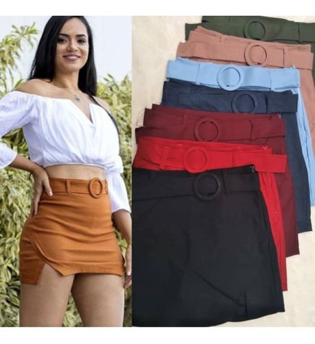 Short Saia Com Cinto Com Elastano Tendência Moda Blogueira