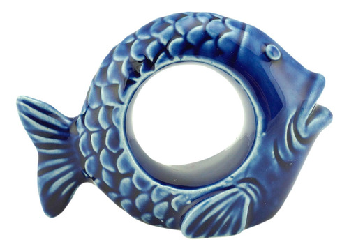 Kit 4 Anéis Para Guardanapos Cerâmica Peixe Ocean Azul 8x6cm