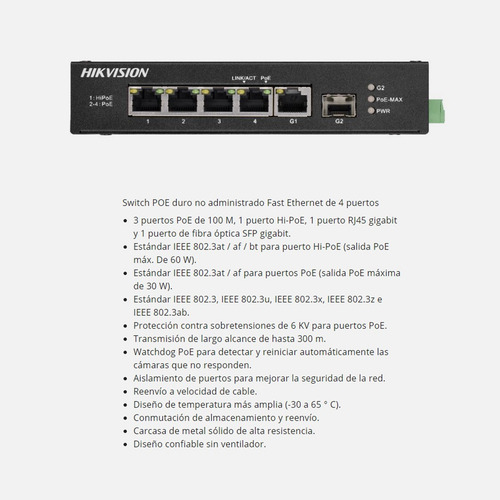 Imagen 5 de 10 de Switch 5 Puertos Hikvision 60w Poe/hi-poe +1sfp Din Rail