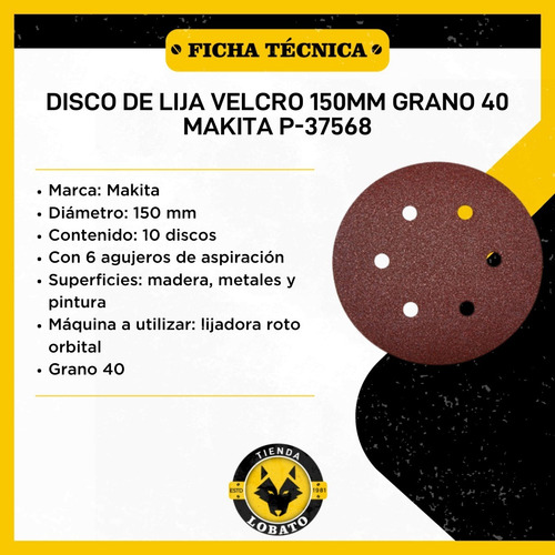 Imagen 3 de 10 de Makita P-37568 Disco De Lija Velcro 6 P/madera G 40 10 Pzas