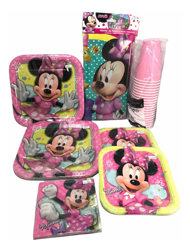 Minnie Mouse Rosa Fiesta P 16 Platos Vasos Serv Mantel Gm6