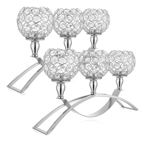 Candelabros De Cristal Plateados De 3 Velas - Pack De 2u.