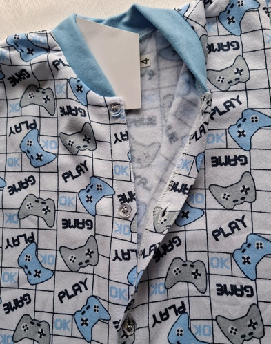 Pijama Infantil Manga Longa Macacão Flanelado Inverno Menino Branco Com Azul-aço Videogame 06