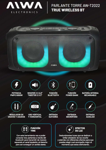 Imagen 4 de 9 de Parlante Aiwa Aw-t2022 Portatil Bluetooth 8500w Pmpo Luz