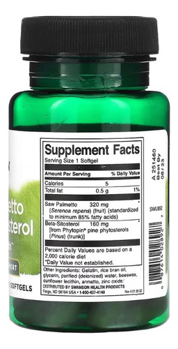 Swanson Palma Enana Americana Y Beta-sitosterol 30 Caps Sabor Sin Sabor