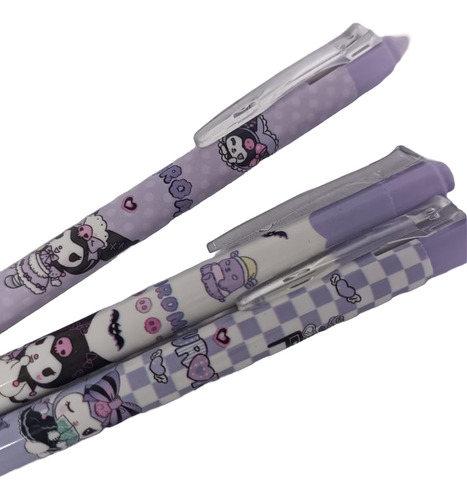Boligrafo Borrable Kuromi Tinta Negra Yj-066 - Pack 3 Unidad Tinta Negro Exterior Lila/blanco