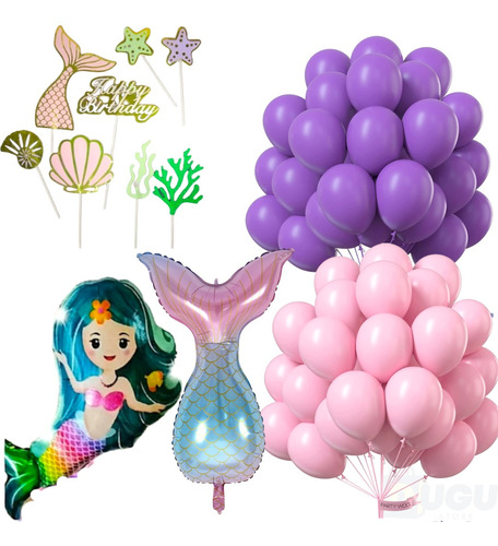 Decoración De Globos + Cake Topper De Sirena 60 Piezas