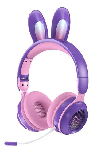 Fones de ouvido com BT 5.0, microfone, orelhas de coelho, LED violeta para crianças