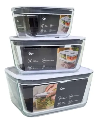 Kit 3 Potes Herméticos de Vidro Retangulares