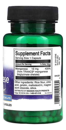 Manganeso quelado, 10 mg, Swanson, 180 cápsulas, sabor sin sabor