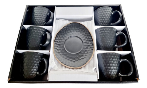 Set Por 6 Tazas+plato Diseño Panal Black/ De Ceramica 250ml.