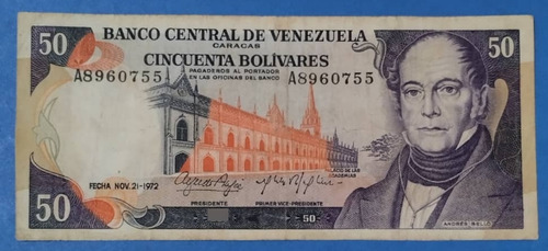 Billete De 50 Bs De 1972 A-7, Primera Me Sion Andrés Bello.