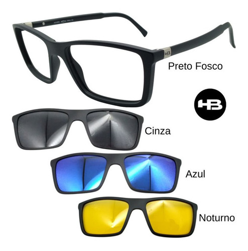 Armação De Grau Hb 0379 243 Preto Fosco Com 3 Clipons Can