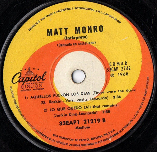 Matt Monro Canta En Castellano ( Simple ) 7'' (Usado)