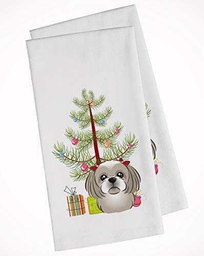 Christmas Tree And Gray Silver Shih Tzu White Kitchen Towel 