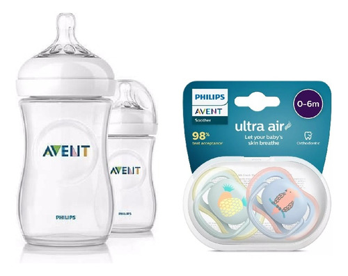 Set Mamaderas Avent 260ml 330ml 2 Chupetes Varon Anticolicos