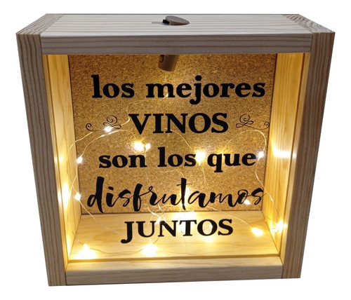 Alcancía Adulto Madera Pino Guardar Corchos De Vino Luz Led