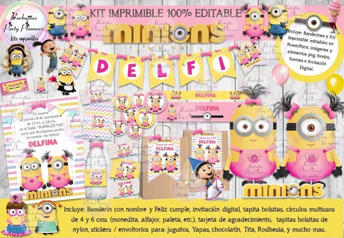 Kit Imprimible Candy Bar Minions Rosa 100% Editable