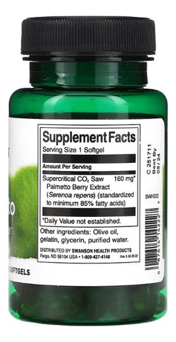 Swanson Saw Palmetto 160 Mg 120 Sgels Sabor Sin Sabor