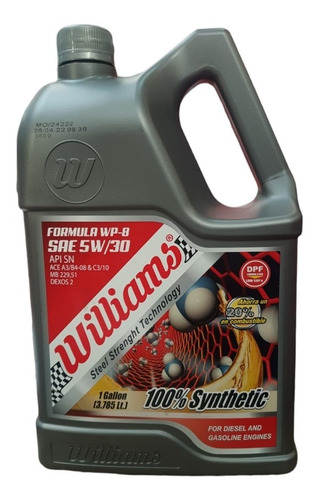 Aceite Lubricante Williams 5w30 Api Sn /cf Synthetic 4l