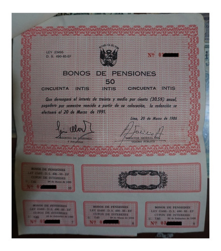 Bono Bonos De Pensión 50 Intis Año 1986 Coleccionista