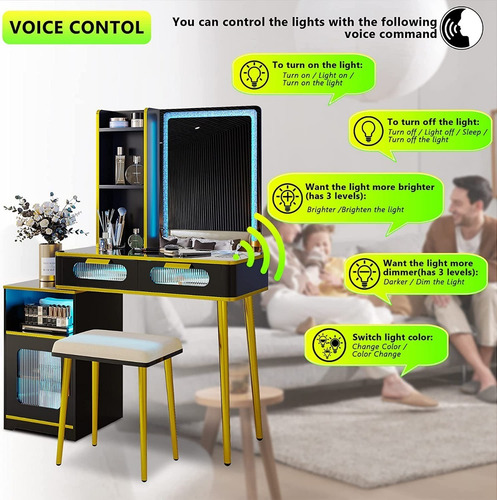 Juego De Tocador Con Espejo Led Control De Voz Negro Hnebc