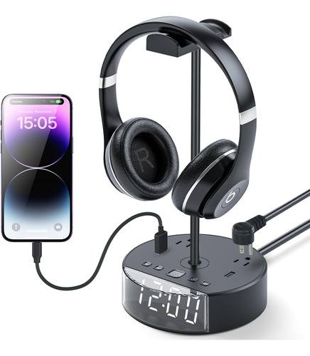 Zeagus Soporte Para Auriculares Con Reloj Despertador Led, S